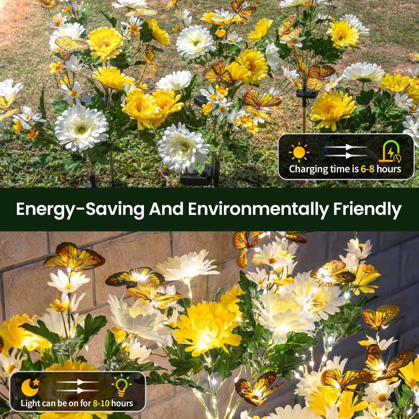 TopVelo Solar Garden Light 4 Packs, 120 LEDs Outdoor Solar Lighting with Daisy and Butterfly, Waterproof Outdoor Garden Light for Patio, Courtyard, Pathway Decoration (Yellow)