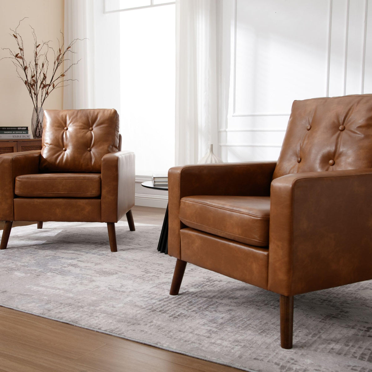 Wahson Accent Chairs Set of 2, Faux Leather Tufted Single Sofa, Brown Oversized Club Chair, Mid Century Modern Armchair with Wood Legs for Reading/Living Room/Bedroom