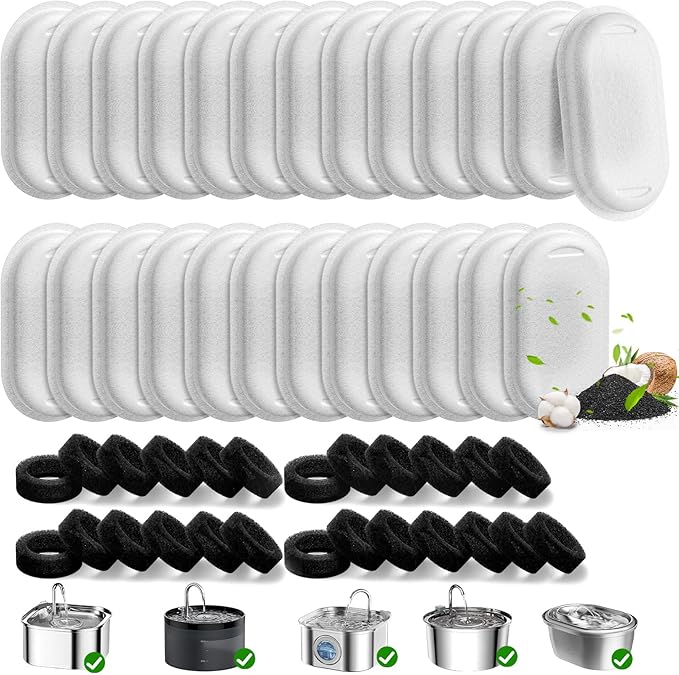50 Pack Cat Water Fountain Filters for 108/3.2L& 67oz/2L Stainless Steel Pet Water Dispenser Cat/Dog Fountain Filter Repla...