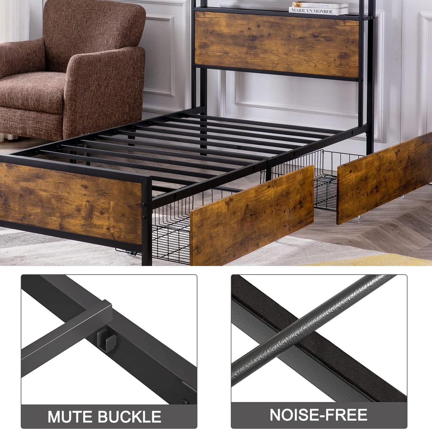 GAZHOME Twin Size Bed Frame with 2 Storage Drawers, Platform Bedframe with Storage Headboard, Strong Metal Slat Support/No Box Spring Needed/Easy Assembly/Space Saving