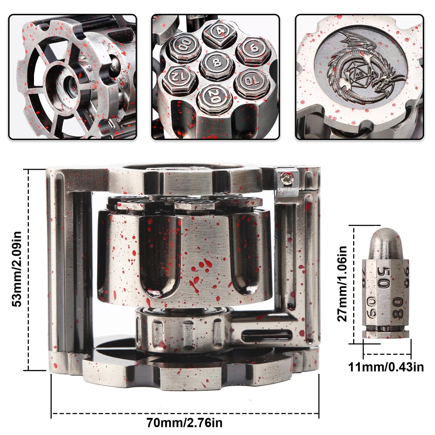 diceevil Bullet Dice, Revolver Bullet Metal Dice Set with Spinning Revolver Cylinder Container & Seven Polyhedron Dices for Sci-Fi, War, Crime Theme Tabletop Games