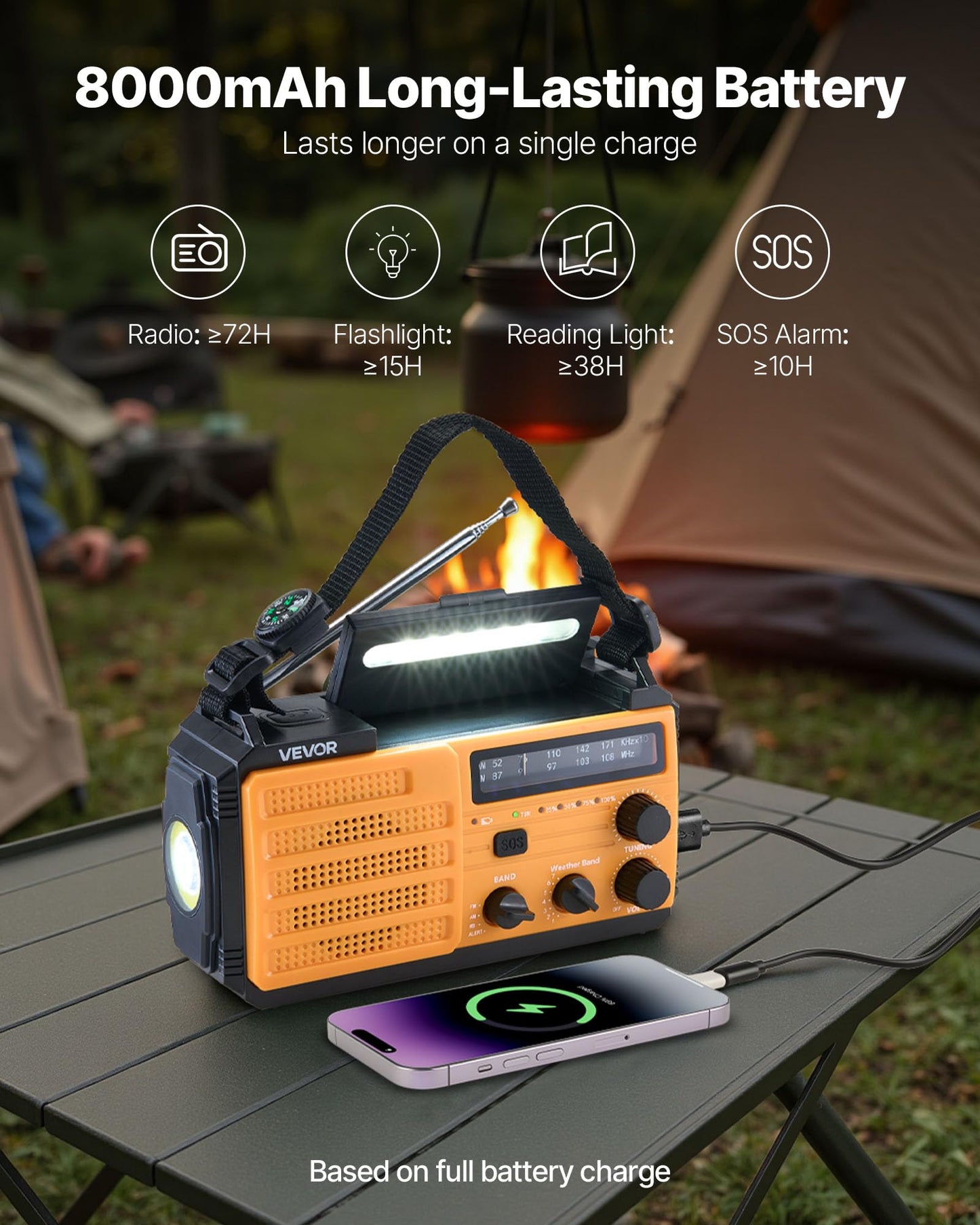 Vevor Emergency Weather Radio, 8000Mah Battery, Fm/Am/Wb/Noaa Alert Solar Hand Crank Emergency Radio, Type-C Charging, Usb Cable