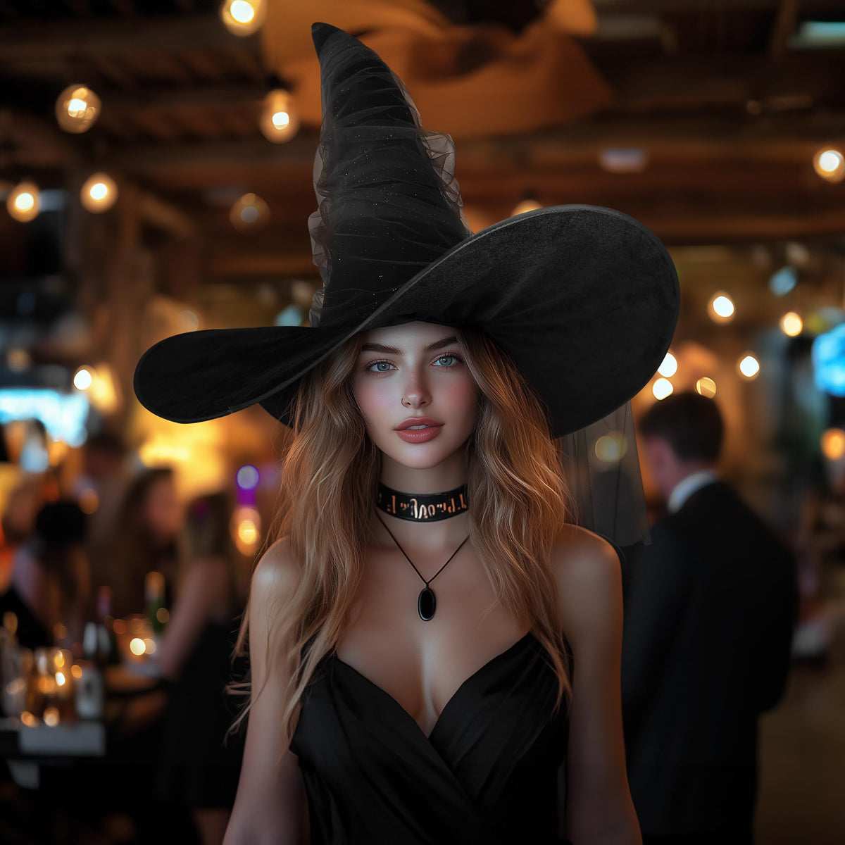 JEGERMIG Women's Black Masquerade Ruched Witch Hat Oversized Witches Velvet Hats Wide Brim Party Halloween Accessory