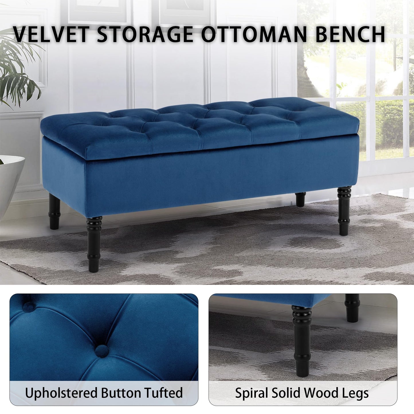 FOREDO Velvet Storage Ottoman Bench, Upholstered Storage Bench with Button Tufted, End of Bed Storage Bench, Blue