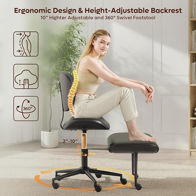 Cross Legged Office Chair with Wheels for ADHD, Ergonomic 360° Swivel Height-Adjustable Meditation Chair for Yoga, Wide Kneeling Chair with Strong Lumbar Support, PU Leather, Black