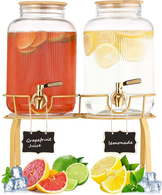 1 Gallon Glass Drink Dispenser with Stand, 2pack Drink Dispensers For Parties, Beverage Dispenser With Bamboo Lid and Stai...