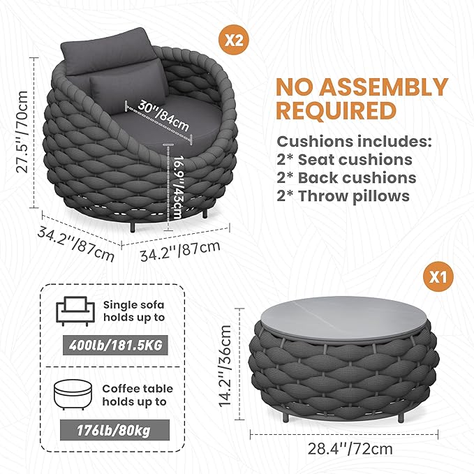 Erotr Front Porch Furniture Set 3 Piece: Aluminum Woven Rope Patio Conversation Sofa Set for 2 - Assembled Outdoor Couch Armchair Set Cushions - for 400lb Deck Balcony Pool Yard Hotel - Dark Gray