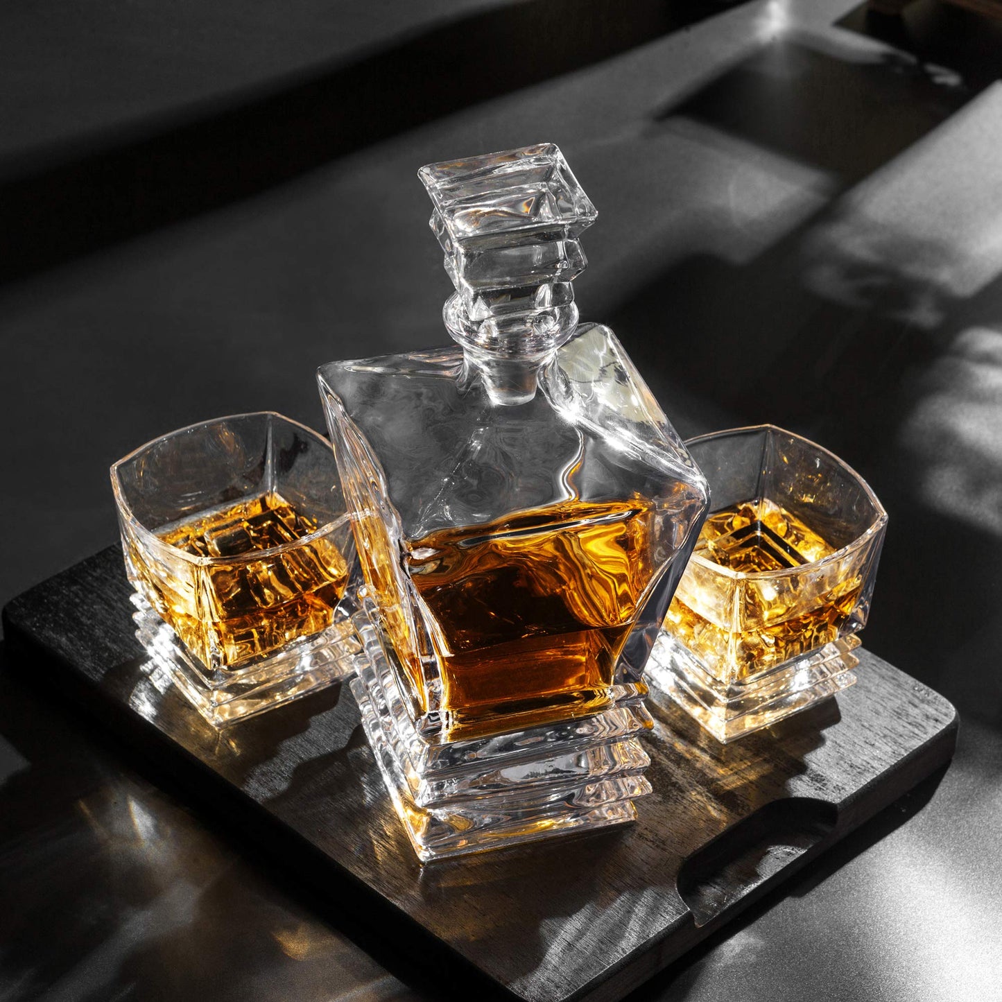 KANARS Whiskey Decanter Set - Crafted Crystal Decanter With 4 Lowball Glasses for Scotch, Bourbon or Liquor - Men Dad Gift for Birthday, Retirement, Christmas Thanksgiving, Wedding and Housewarming