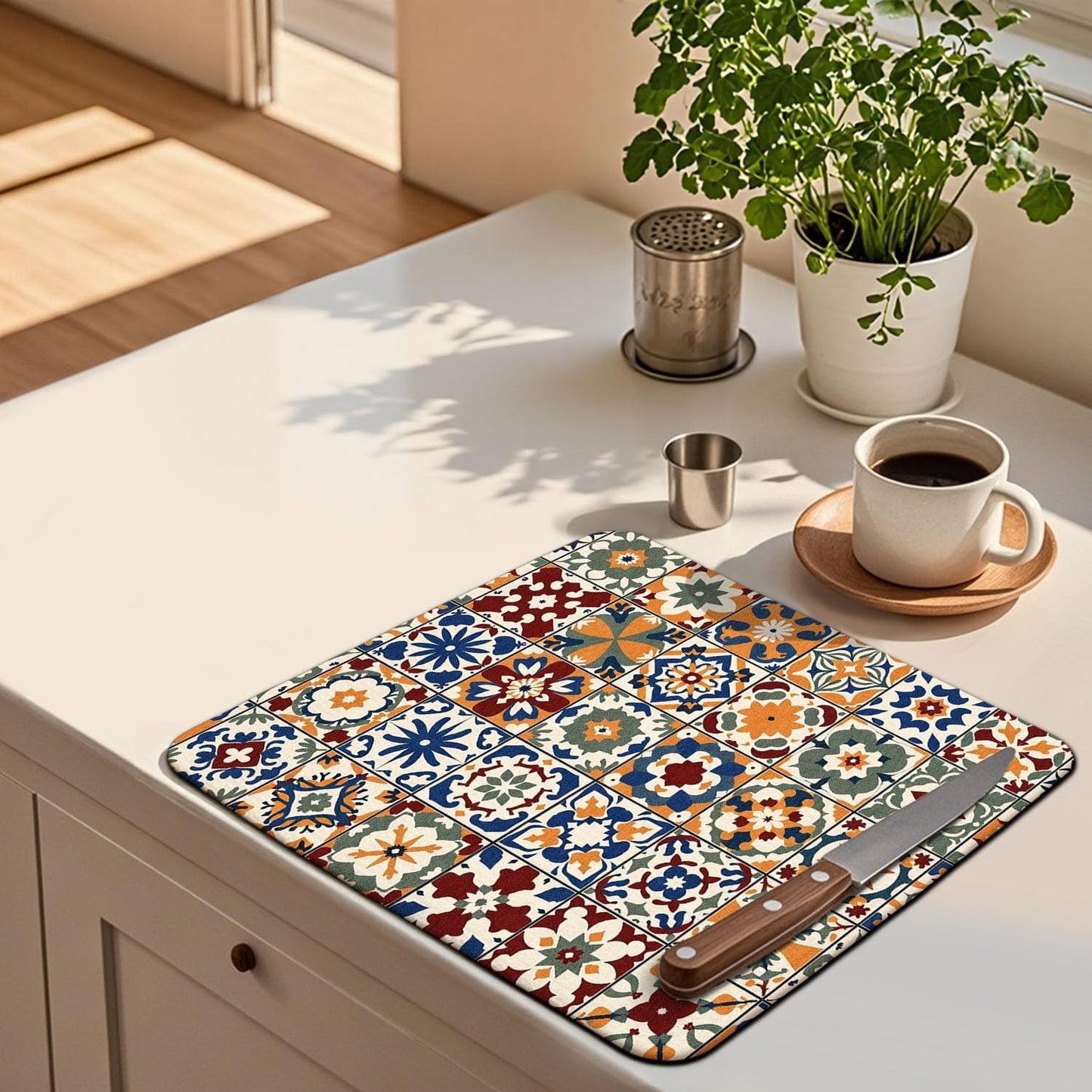 Mexican Tiles Drying Mat 16" X 18" Vintage Kitchen Counter Stone Dish Drying Mats For Kitchen Counter Xmas Drying Mats For Home Counter Drying Mats For Dishes Dish Table Mat Drying Mat