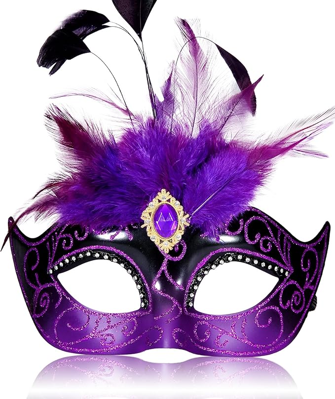 MYSEUNI 2025 Masquerade Mask for Women with Feathers - Venetian Masquerade Mask for Carnival Ball, Mardi Gras, Prom