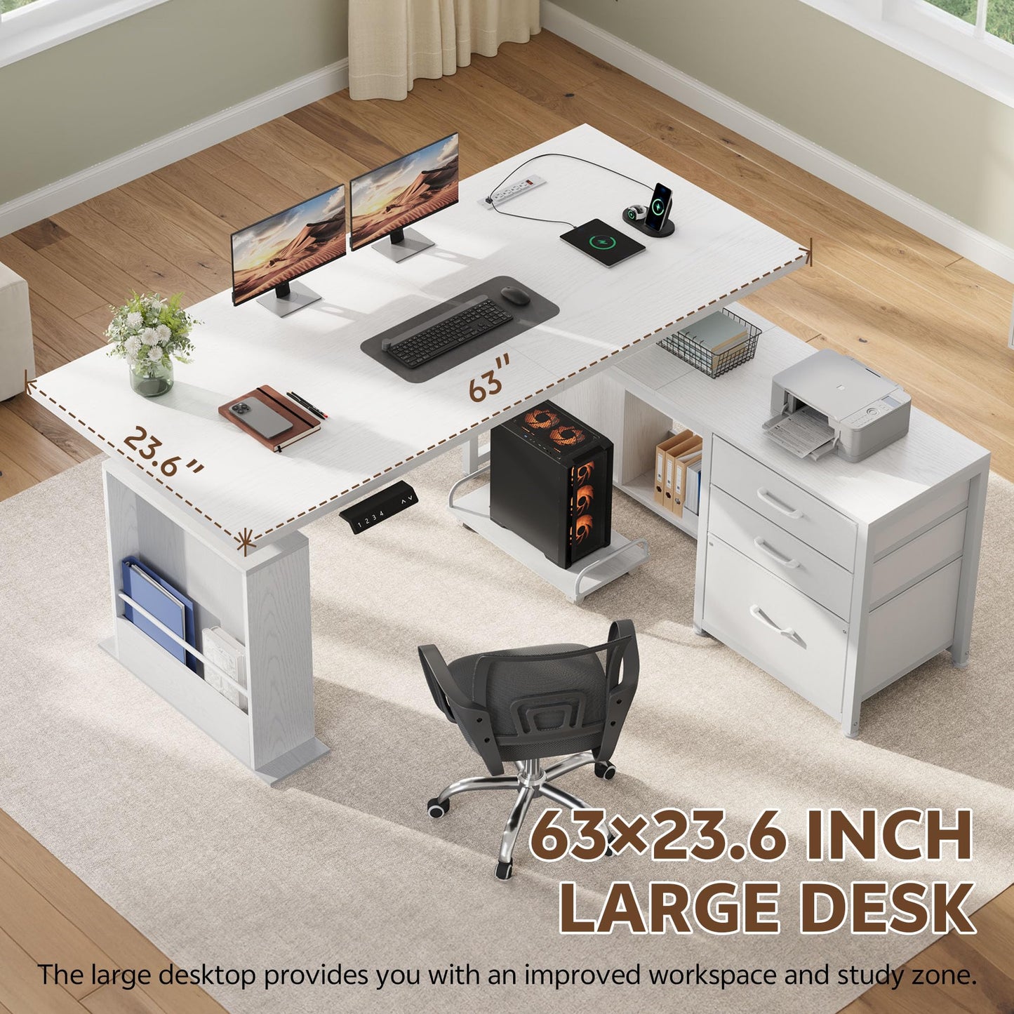 Homiflex 63 Inch L Shaped Desk with 3 Drawers Electric Standing Desks with Storage Computer Table Adjustable Height with Power Outlets 4 Memory Presets for Home Office, White