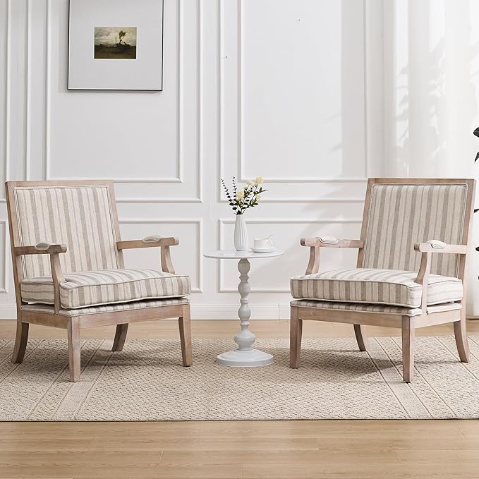 Mid Century Modern Accent Chair Set of 2, Upholstered Armchair with Solid Wood Frame & Wide Cushion Comfy Living Room Chairs Lounge Retro Reading Chair for Bedroom, Guest Room, Balcony, Khaki stripe