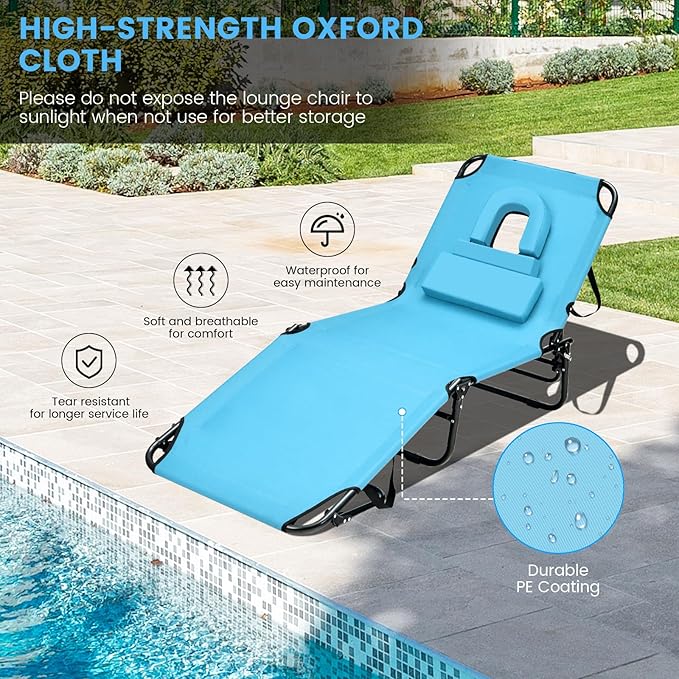 GYMAX Tanning Chair, 350lbs Beach Lounge Chair with Face Hole, Washable Pillow & Carry Strap, Adjustable Folding Chaise Lounge, Layout Lounger for Outside, Patio, Poolside, Lawn (1, Arctic)