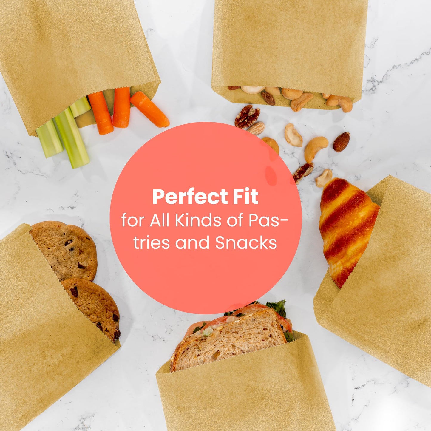 Fit Meal Prep 200 Pack Paper Sandwich Bags 7 x 6”, Greaseproof Snack Bags, Unbleached Pastry Bag, Recyclable Small Brown Paper Bags, Cookie Sleeves, Food Packing for Bakery, Donuts