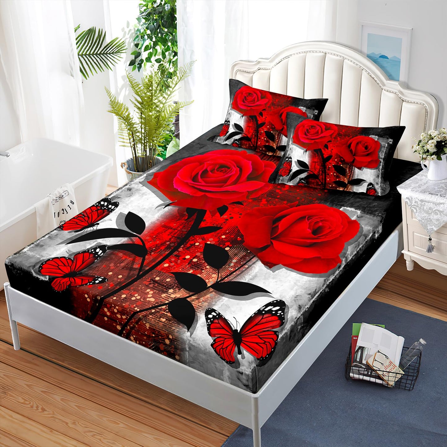 AILONEN Red Rose Fitted Sheet Set Queen Size, Grey Retro Couple Rose Bed Sheet Set,Romantic Floral Butterfly Sheet Set 3 Pieces, 1 Fitted Sheet and 2 Pillowcases