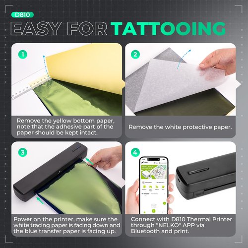 Nelko D810 Tattoo Stencil Printer, Wireless Thermal Tattoo Printer with 10pcs Tattoo Transfer Papers, Portable Tattoo Machine for Artist & Beginners, Compatible with Phone Pad and PC, Smoke Black