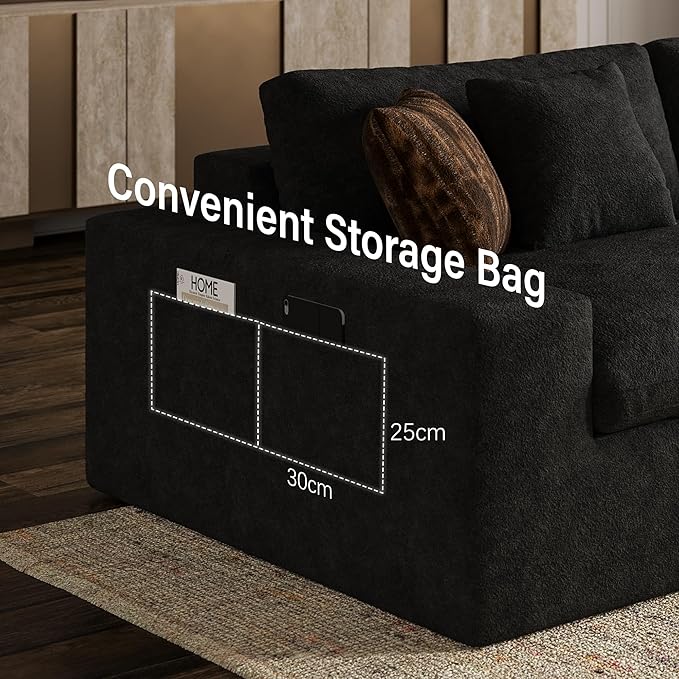 160'' Oversized Boneless Sectional Couches for Living Room, Deepseat Boneless Cloud Modular Sectional Sofa with Ottoman, No Assembly Required L-Shape Cloud Sofa, Plush Fabric, Black