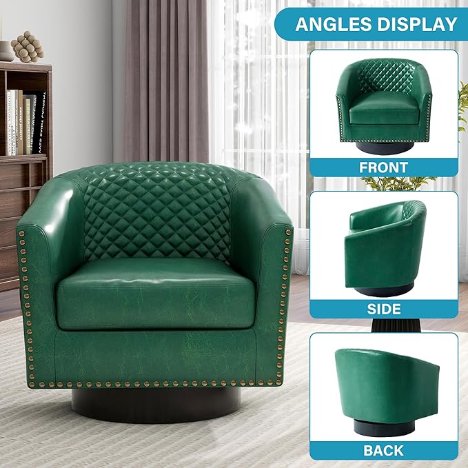 UIXE Swivel Accent Chairs Set of 4, PU Leather Barrel Club Chair for Living Room, Upholstered Round Armchair Comfy Single Sofa Bedroom Reading Seat - Green