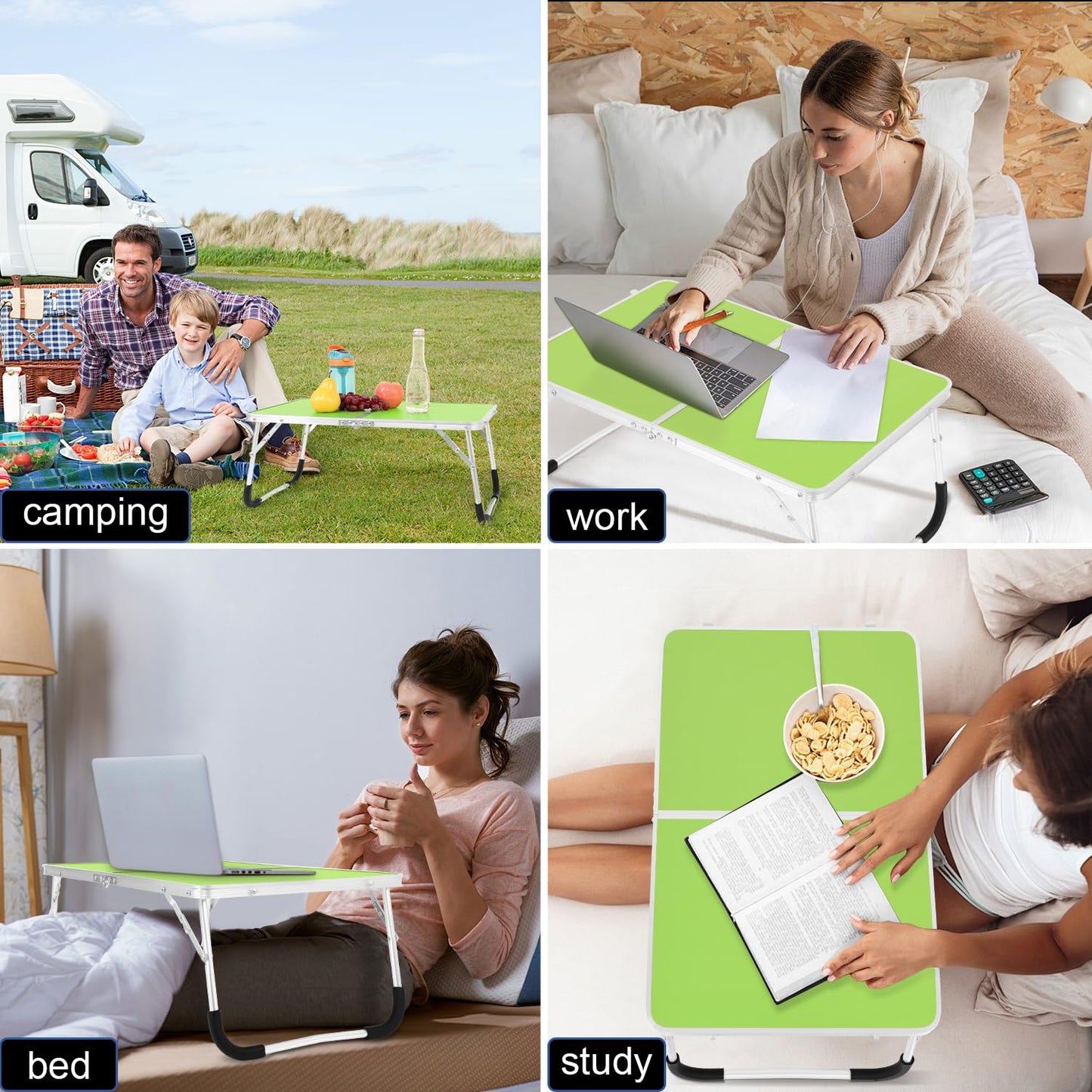 Folding Bed Desk Portable Laptop Lap Desks with Storage Shelf Foldable Bed Tray Table for Eating Outdoor Mini Picnic Beach Card Table, Green