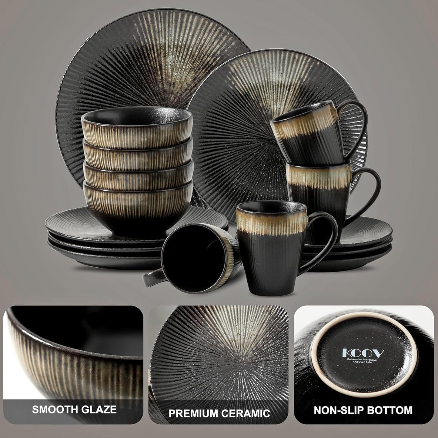 KOOV Ceramic Dinnerware Set of 16, Plates, Bowls, Cups & Dessert Plates for Party, Microwave & Dishwasher Safe, Stripe Series (Rough Black)