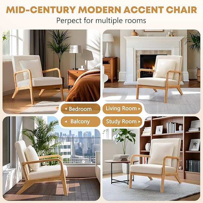 ELUCHANG Mid-Century Modern Accent Chair with Lumbar Pillow,Upholstered Armchair,Linen Fabric Comfy Reading Chair, Lounge Side Chair for Living Room Bedroom Apartment,Easy Assembly
