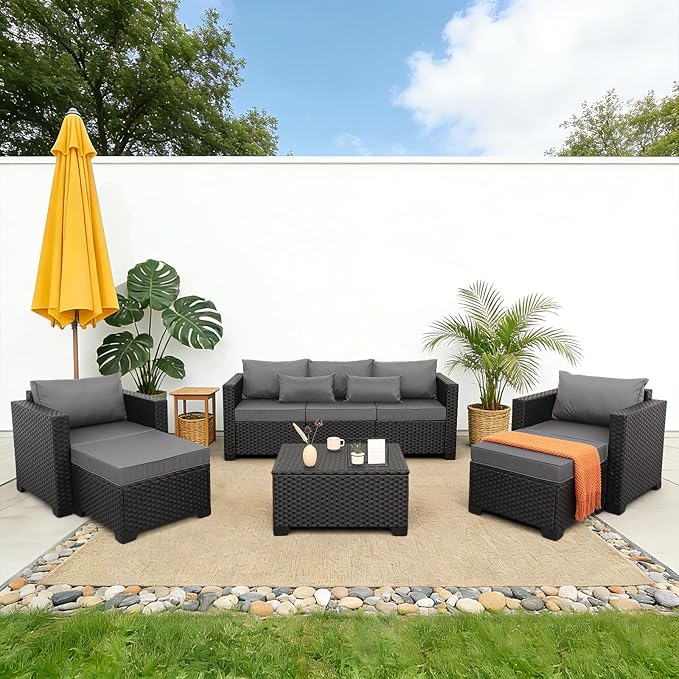 Rattaner Patio Wicker Furniture Set 6 Pieces Outdoor HDPE Wicker Conversation Couch Sectional Chair Sofa Set with Grey Cushions