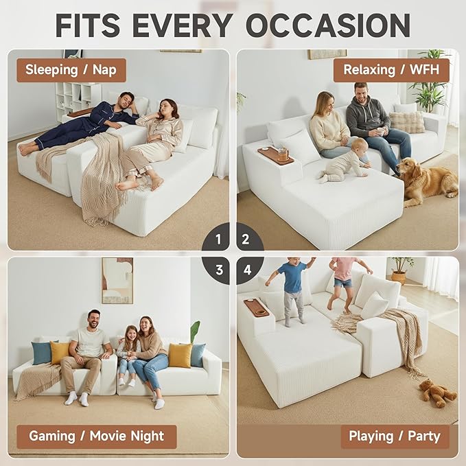 Modular Sectional Sofa Cloud Couch with Multi-Functional Armrests, Boneless Plush L-Shape Living Room Couch with Deep Seat, Fluffy Comfy Sleeper Sofa Easy Assembly (Beige, Right Chaise)