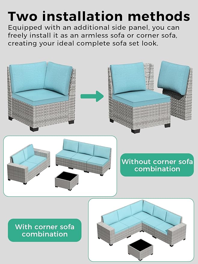 7 Piece Outdoor Wicker Rattan Sectional Sofa Set with Fire Pit Table, 5-Seats Conversation Set with 4" Thickened Cushions & Coffee Table, All-Weather PE Rattan for Garden, Backyard, Porch, Navy
