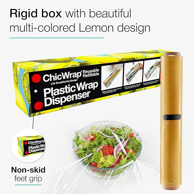 Chicwrap Lemon Refillable Plastic Wrap Dispenser - Includes One 12" x 250' Roll of Professional Grade Plastic Wrap - BPA Free and Kosher Certified - Reusable Dispenser w/Slide Cutter