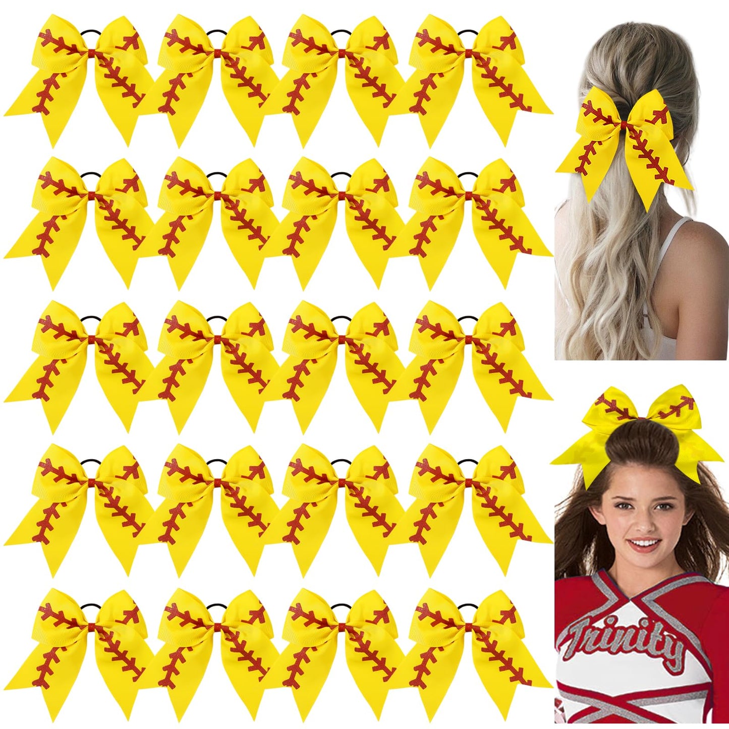 YLEN YHXX 20 PCS 8 Large Softball Cheer Hair Bows Cheerleading Bows with Ponytail Holder Elastic Band Handmade for Cheerleading