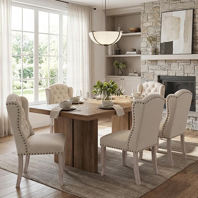 DUOMAY Modern Tufted Dining Chairs Set of 6, Linen Upholstered Dining Room Chairs Armless Guest Side Chair for Kitchen Dining Room, Wingback Accent Chairs with Solid Wood, Beige