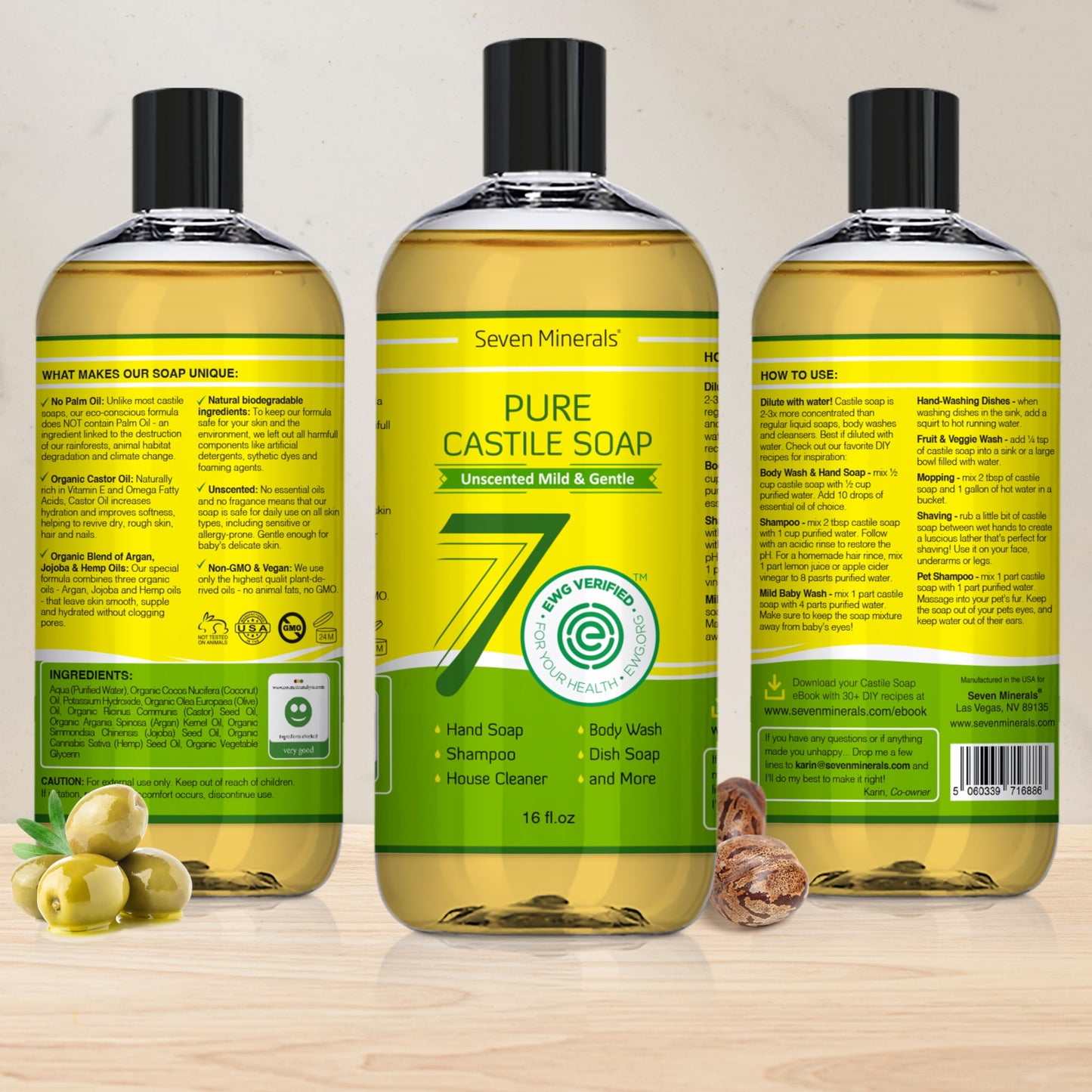 Pure Castile Soap - No Palm Oil, GMO-Free - Gentle Liquid Soap For Sensitive Skin & Baby Wash - All Natural Vegan Formula with O