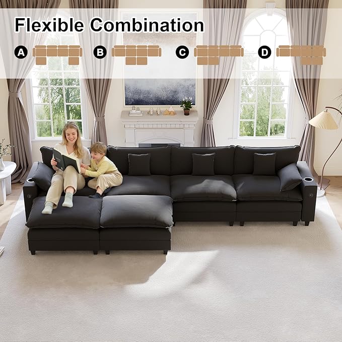 KCGKCG 152" Modular Sectional Sofa, U Shaped Cloud Couch with Movable Ottoman, Chenille Deep Seat Cloud Sofa with Charging Station, Cup Holder, Side Pocket, Sectional Couches for Living Room, Black