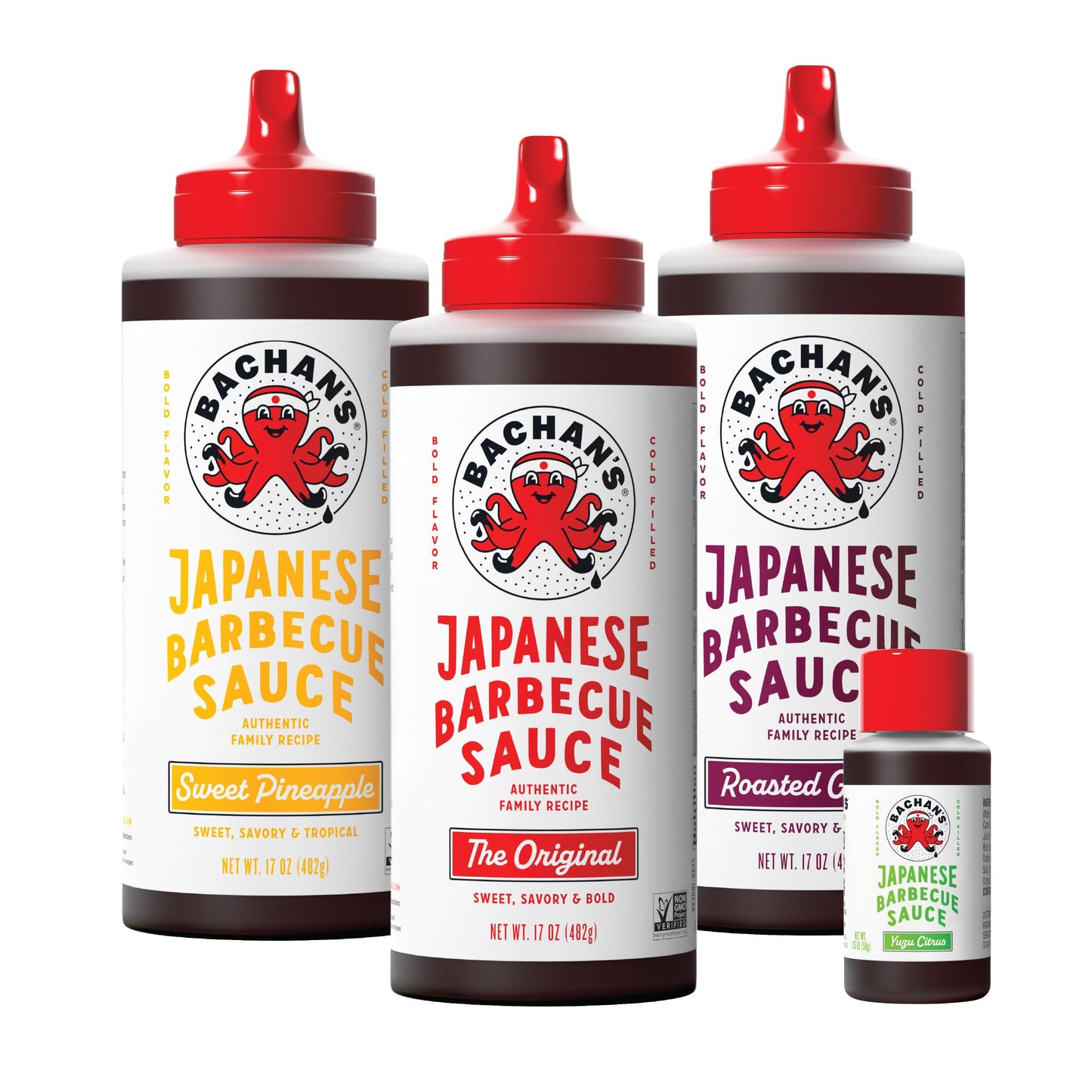 Bachan's Japanese Barbecue Sauce 4 Pack - 1 OG, 1 Sweet Pineapple, 1 Garlic, 1 Yuzu Mini - BBQ Sauce for Wings, Chicken, Beef, Pork, Seafood, Noodles, and More. Non GMO, No Preservatives, BPA free