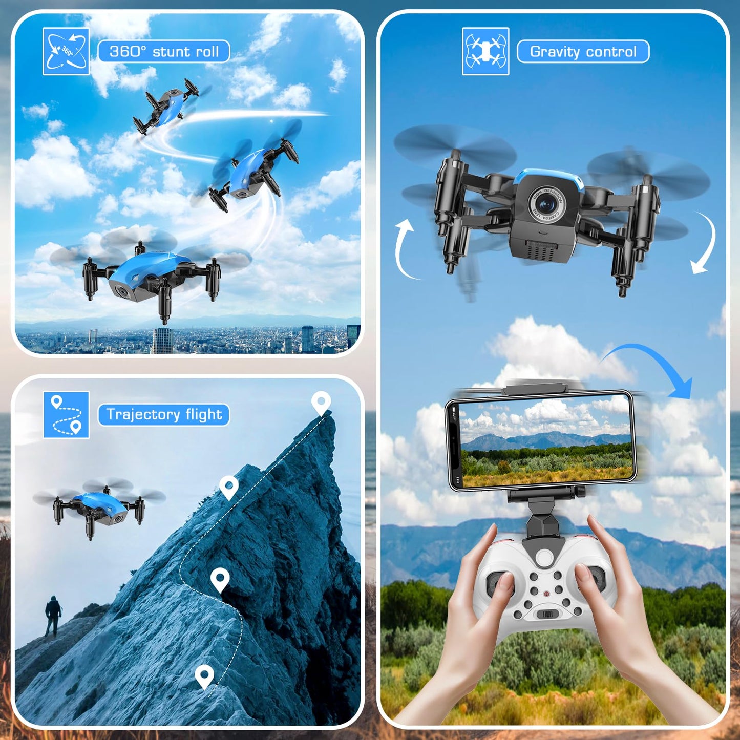 Drones for Kids with Camera, Mini RC Quadcopter Toy with Foldable Wings, Voice & Gesture Control, Altitude Hold, Full Propeller Guard, 2 Batteries, Birthday Gifts for Boys and Girls Ages 8-14 (Blue)