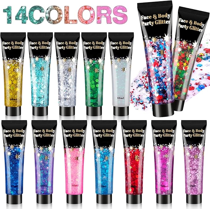 AROIC 14 Colors Body Glitter, Face & Hair Glitter Gel Set for Mardi Gras, Eye Shimmer for Women Glow in the Dark Rave Acce...