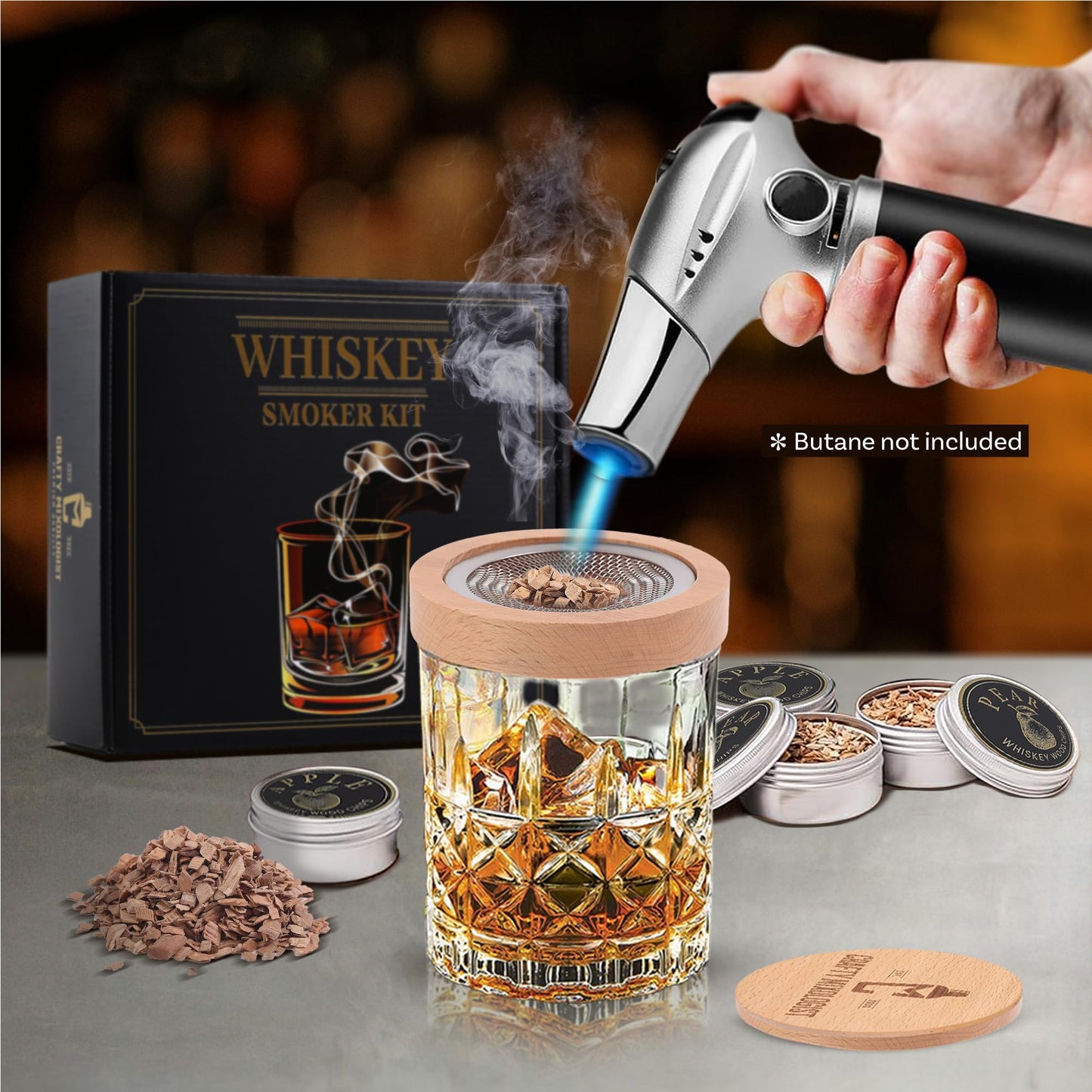Whiskey Smoker Kit with Torch – 6 Wood Chip Flavors & 2 Glasses – Cocktail Smoker Infuser Set for Old Fashioned and Bourbon– Birthday Gifts for Men, Dad, Husband and Boyfriend(Butane Not Included)