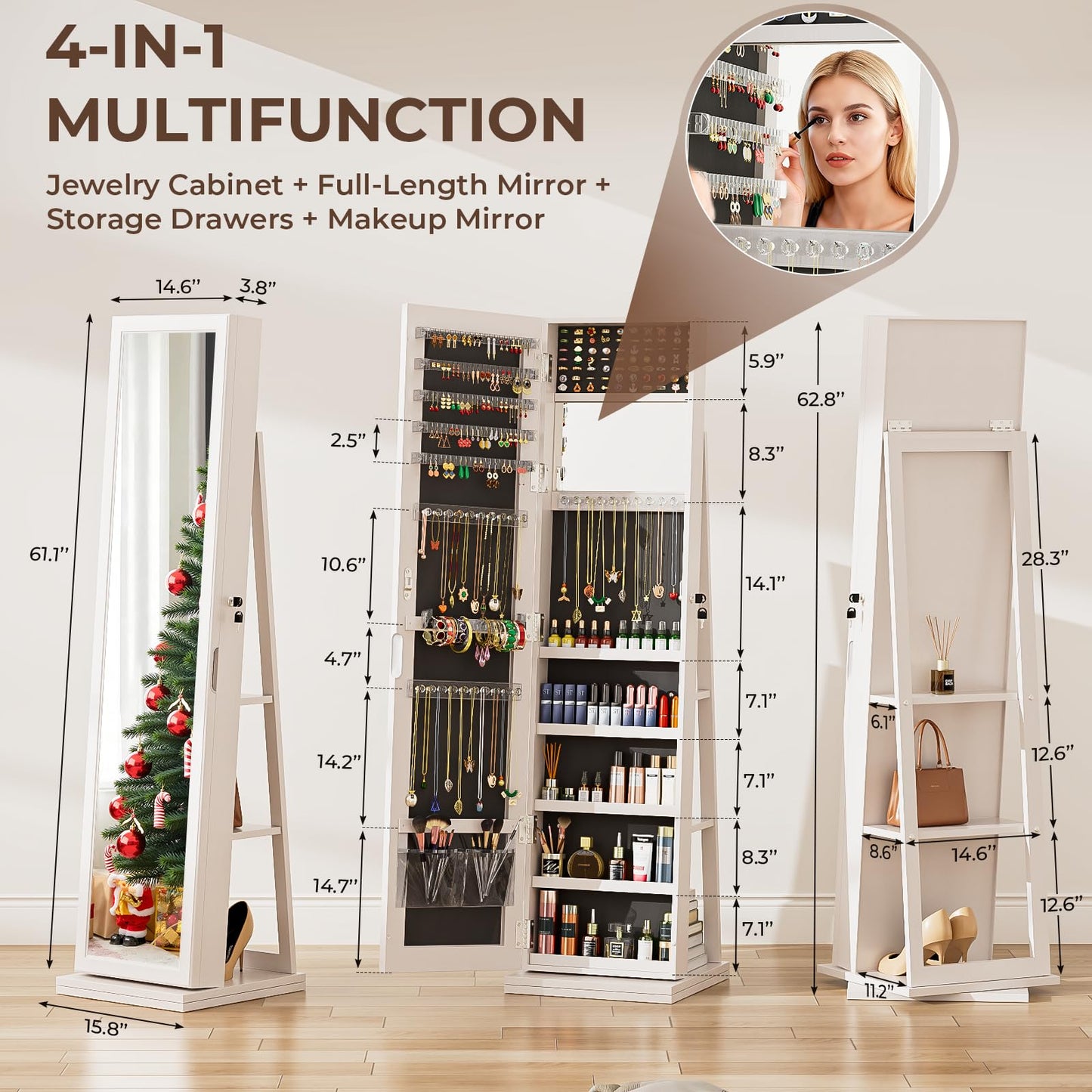 FAVSH 4-In-1 Jewelry Cabinet with Full-Length Mirror, 360° Swivel Jewelry Armoire Lockable Standing, Back Storage Shelves, Makeup Mirror, Jewelry Organizer with Storage for Best Gift, White