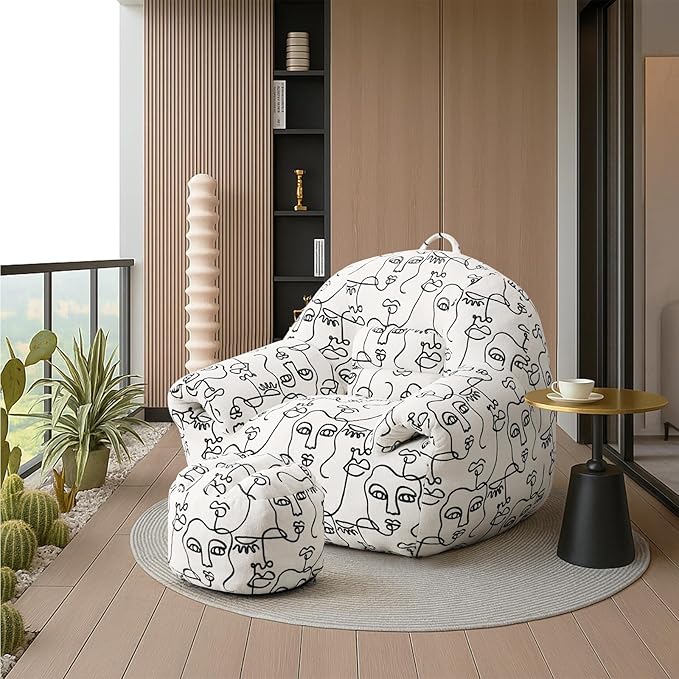 Peace nest Bean Bag Chair with Memory Foam Filled Ultra Soft Jacquard Pattern Cover for Adults Comfy Fur Bean Bag Chairs with Armrests Ottoman for Bedroom Living Room Office Dorm Reading Goddesses