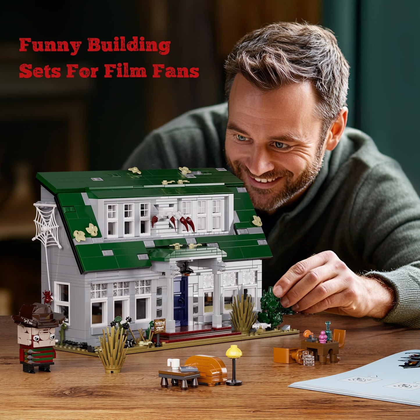 Nightmare Building House Set on Elm Street, Horror Movie Figure & Haunted House Building Blocks, Creative Collectible Decoration Building Toy Halloween Present for Friends and Fans (1099 Pieces)