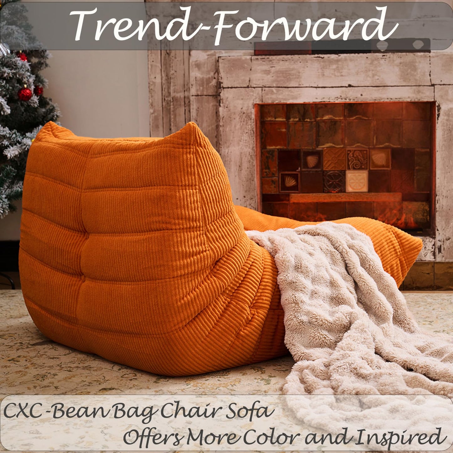 CXC Orthopedic Memory Foam Bean Bag Chair - Fireside-Ready Floor Sofa with Non-Slip Base for Game Room, Cozy Living Rooms & Back Pain Relief (Valencia-Orange, Velvet)