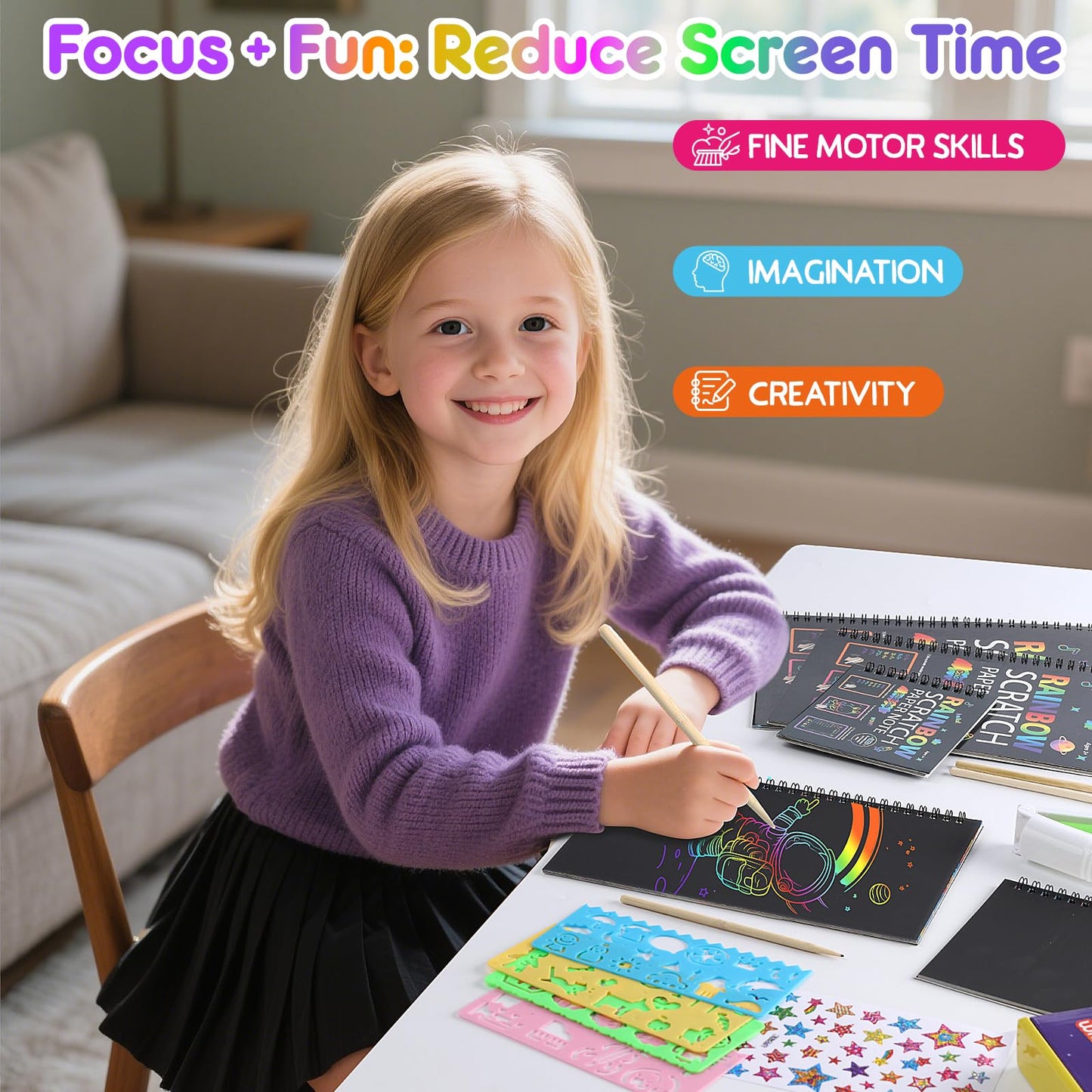 JMMICO Rainbow Scratch Notebook 6 Pack, Scratch Art for Kids with Reusable Cleaner Tool, Mess-Free Crafts for Kids Ages 4-8, Travel, Party, Back to School Gifts for 4 5 6 7 8 9 Year Old Girl Boy