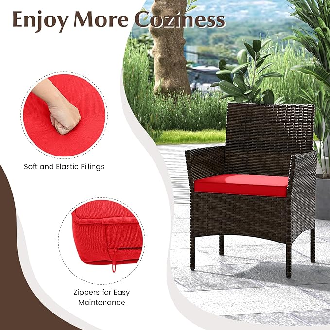 KOTEK 4 Piece Patio Furniture Set, Outdoor Rattan Conversation Set with Loveseat, Wicker Chairs, Tempered Glass Coffee Table, Wicker Patio Set for Backyard, Porch (Red)
