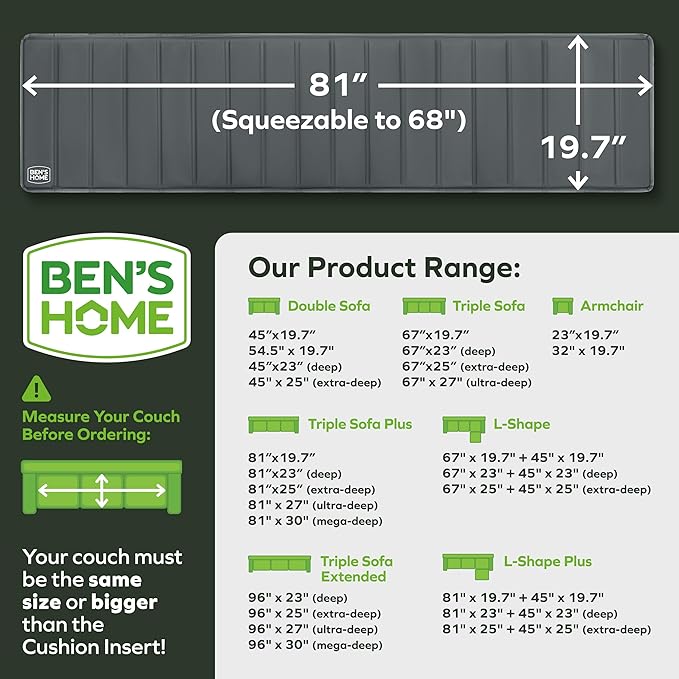 BEN'SHOME® Heavy Duty Couch Cushion Support Board – Instantly Repair Sagging Sofa Seat | 19.7 x 68-81" | .5" Furniture Grade Wood Under Cushions Insert, Anti-Slip, Extend Sofas & Couches Life