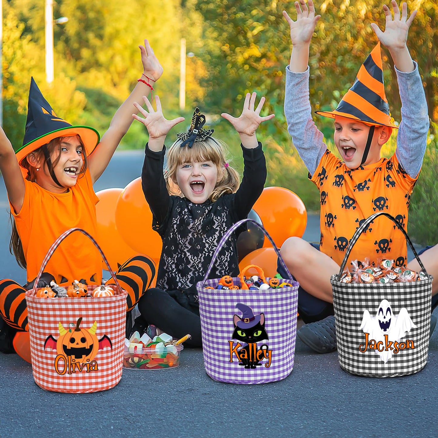 Magic Lunar Personalized Halloween Trick or Treat Bag with Name, Custom Candy Basket, Costume Ghost Bat Pumpkin Bucket, Gift Goodie Bags for Kids