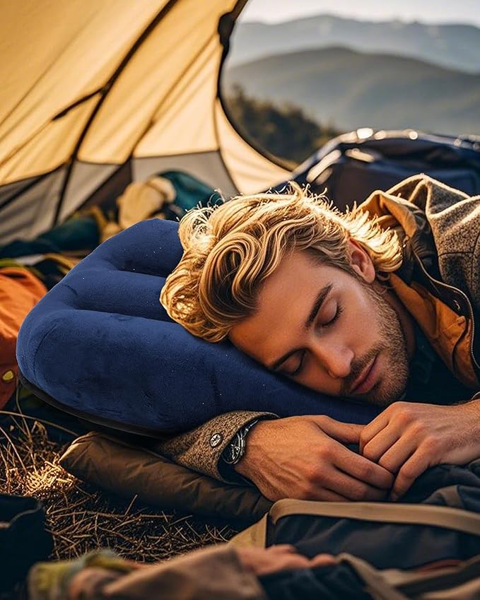 Kampair Ultralight Inflatable Camping Pillow for Sleeping – Soft Velvet Cover, Compact & Portable, Ergonomic Neck Support, Machine Washable Air Pillow, Perfect for Travel, Hiking, Backpacking – Blue
