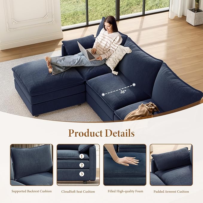 Vesgantti 101" V-Shaped Corner Couch Sectional, 7 Seat Customizable Modular Cloud Couches with Movable Ottoman, Chenille Deep Seat Sofa Set with Chaise for Living Room, Bedroom and Apartment, Blue