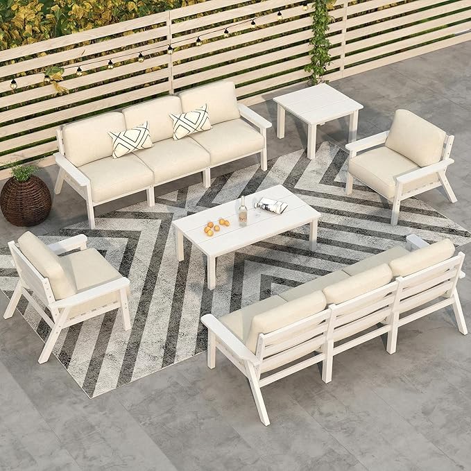 Patio Kingdom 10 Piece Outdoor Patio Furniture Set, Outdoor Couch with Washable Thick Beige Cushions, Coffee Table & Side Table, Patio Conversation Sets for Lawn, Garden, Porch, Balcony (White Frame)