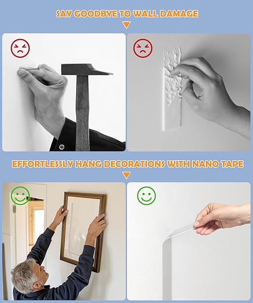 Double Sided Tape for Heavy Duty Applications, Removable Mounting Tape, Nano Tape, Extra Large Clear Transparent Adhesive Strips for Poster Carpet Picture Hanging Strip Rug Wall Outdoor, 3-Pack
