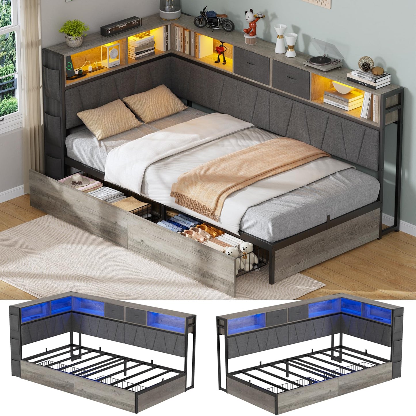Twin XL Corner Bed Frame with Storage Bookcase, Kids Bed Unit with Charging Station and LED Light, Twin XL Size Platform Beds with Storage and Charging Station, with 2 Underneath Drawers, Grey